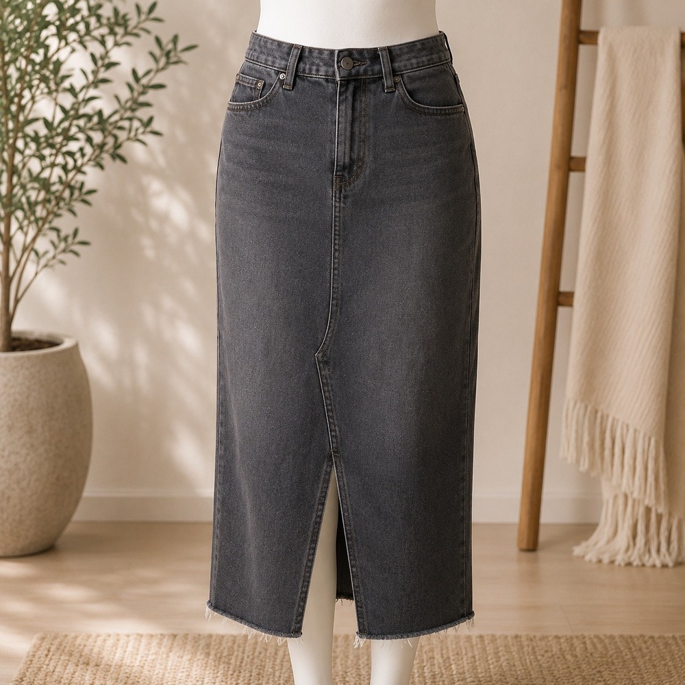 NWT Lost Ink Denim Midi Skirt Womens 24 Black Raw Hem Front‎ Slit High Waist